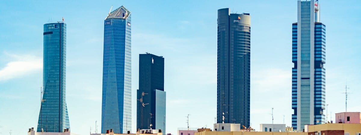 MADRID, SPAIN - OCTOBER 7, 2021. Skyscrapers of the city of Madrid (the 5 towers) of the financial complex of the capital, in Spain. Europe. Horizontal photography.