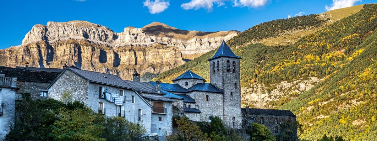 Torla, gateway to the Ordesa and Monte Perdido National Park in the Spanish Pyrenees, Aragon, Spain