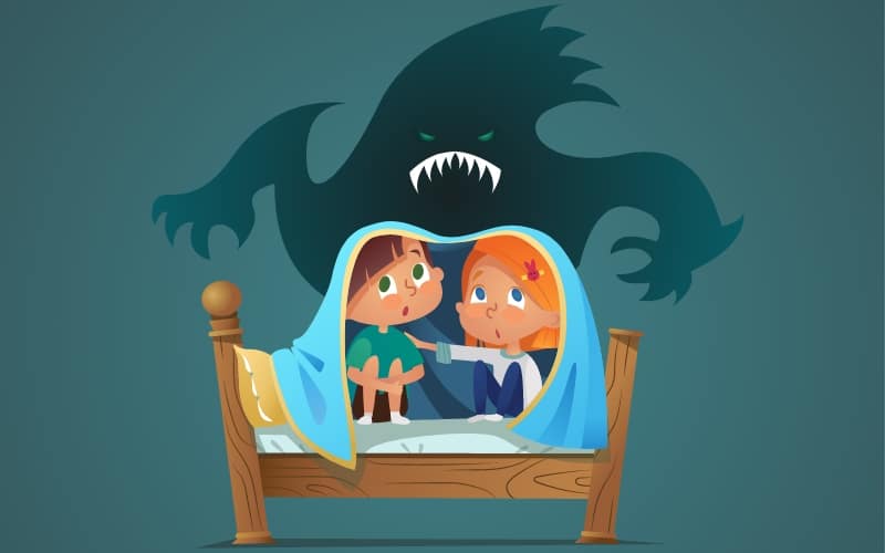 Ilustración de dos niños atormentados por un monstruo