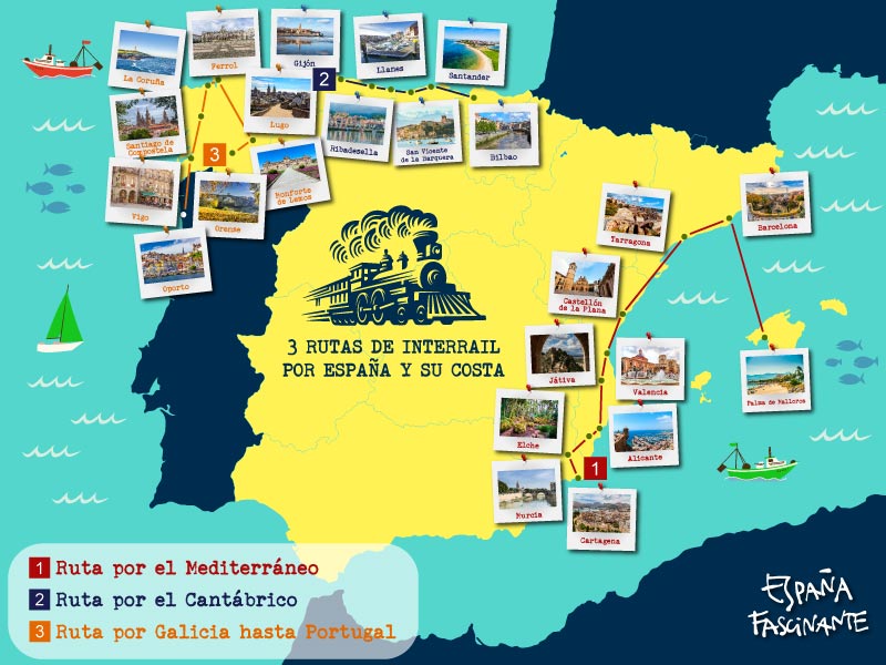 Interrail por España, Tres rutas de Interrail por España y su costa