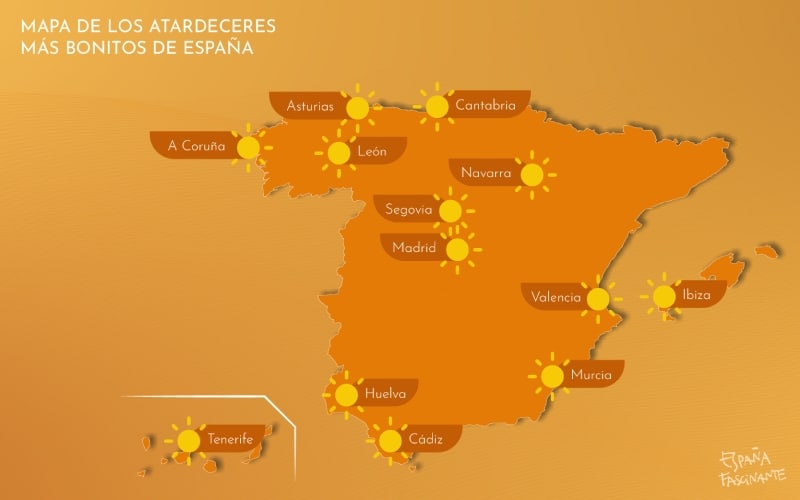 Mapa de los atardeceres más bonitos de España