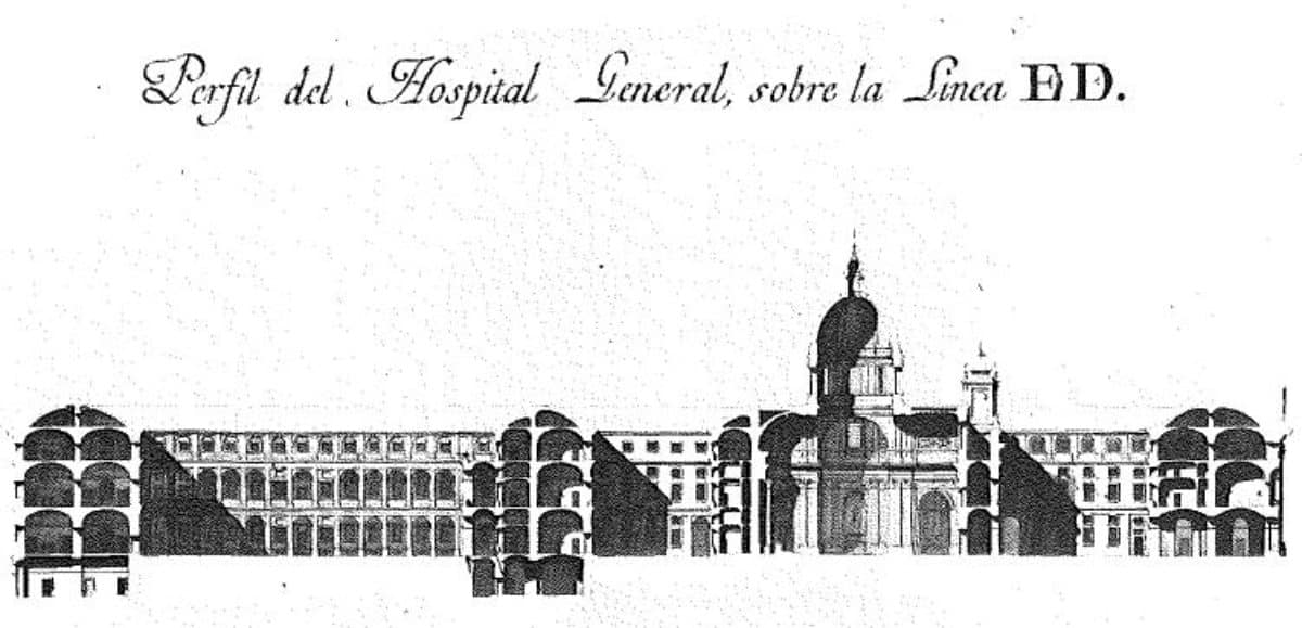 Sección longitudinal dibujada por Francisco Sabatini para el Hospital General de Madrid