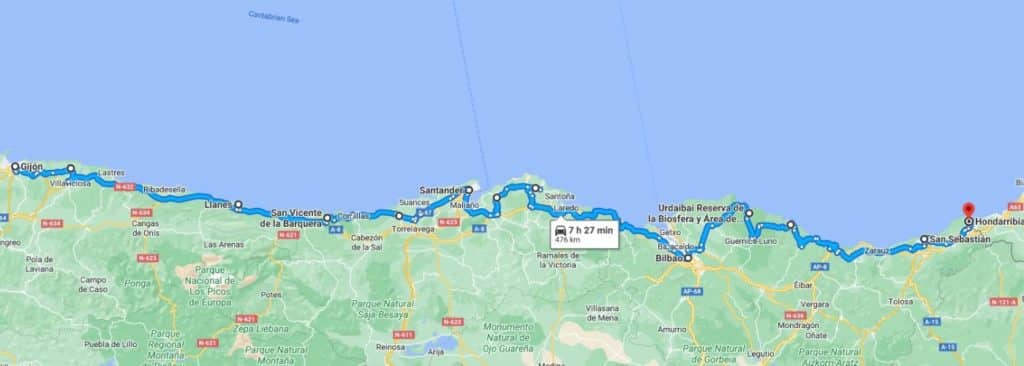 Ruta por carretera entre Gijón y San Sebastián, con posibilidad de llegar a la frontera francesa