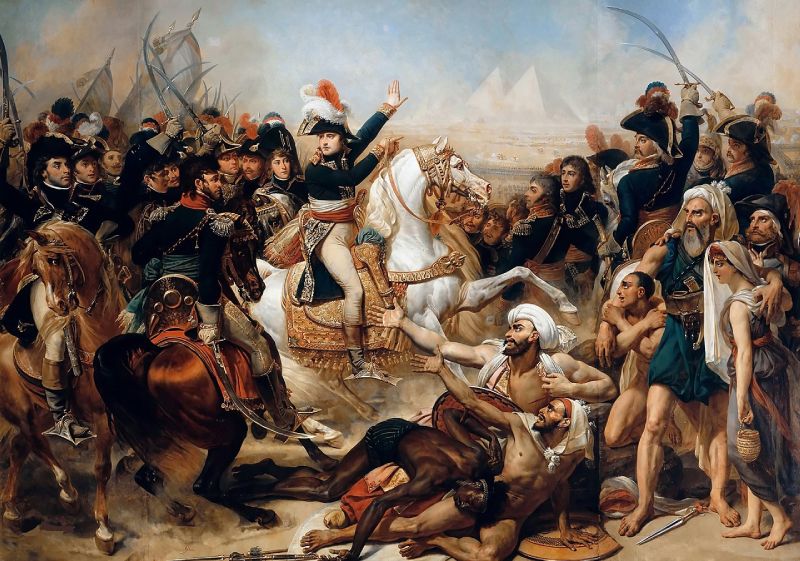 Napoleón victorioso en la batalla de la Pirámides, en la cual derrotó a los mamelucos egipcios