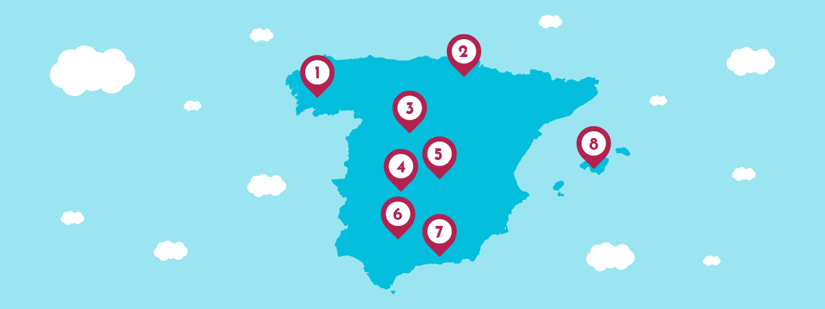 Un mapa de España azul con puntos rojos numerados