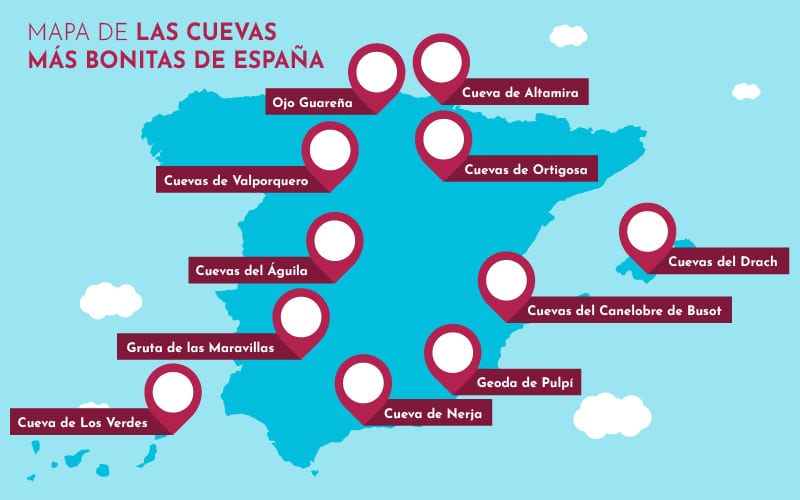 Mapa de las cuevas más bonitas de España